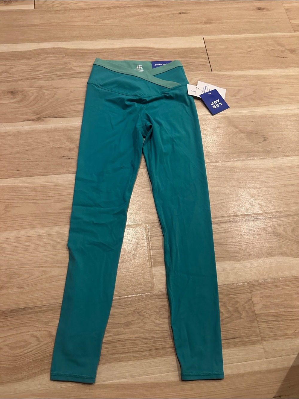 JoyLab Teal V-Waist Leggings with Light Green Waistband